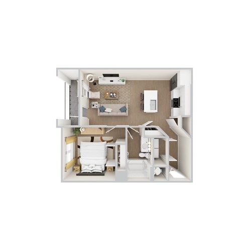 A white and wood floor plan of a small apartment with a kitchen, living room, and bathroom.